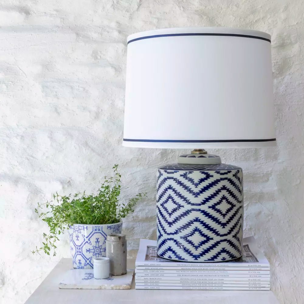 Ceramic Lamp Ikat Blue With White Shade - Smallhill Furniture Co.