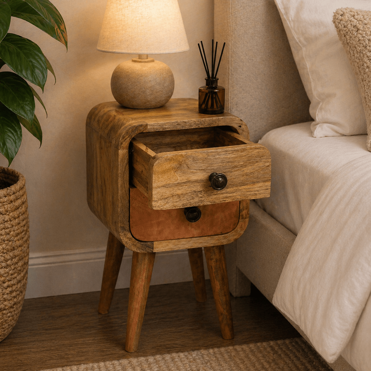 Extra Mini Curved Oak - ish Bedside - Smallhill Furniture Co.
