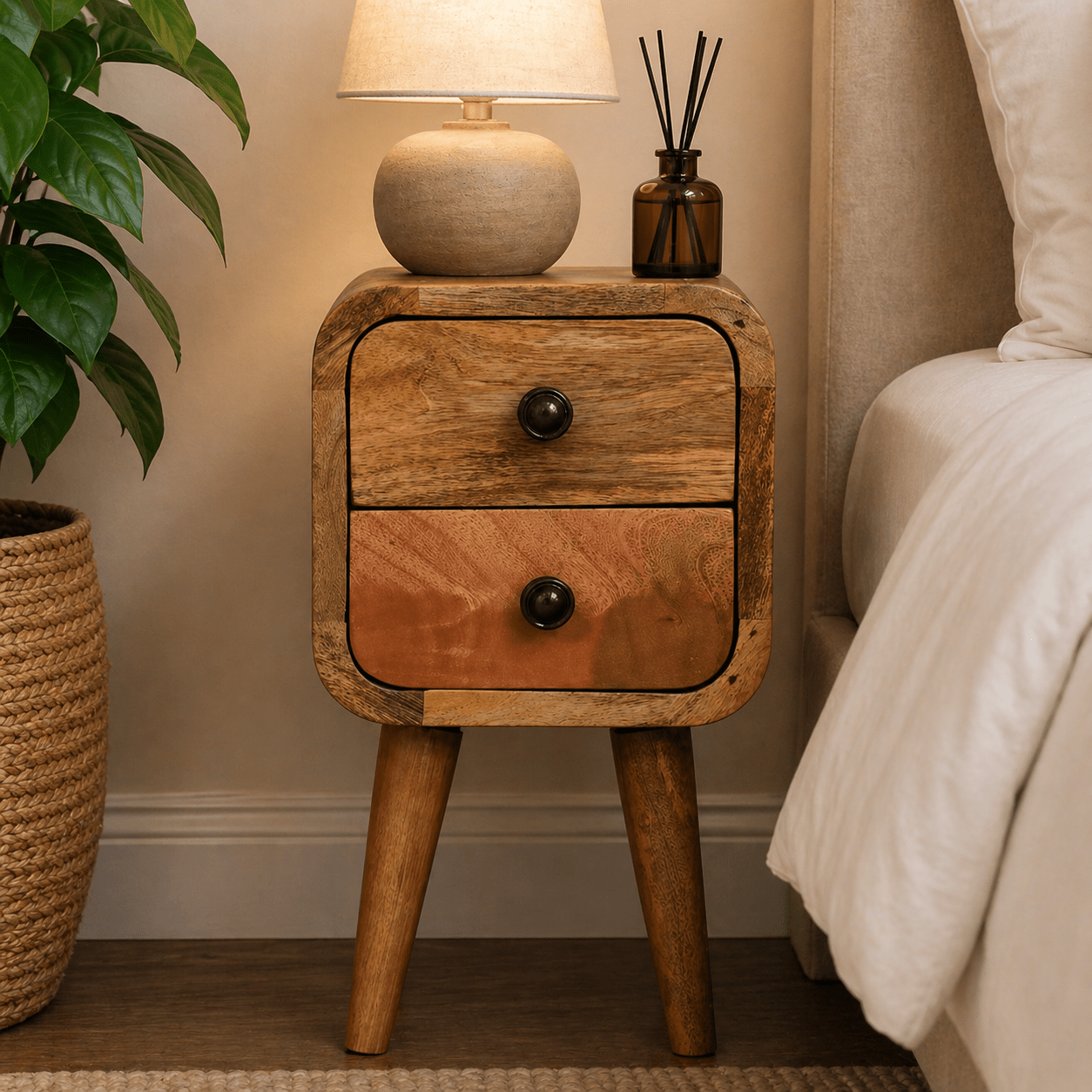 Extra Mini Curved Oak - ish Bedside - Smallhill Furniture Co.