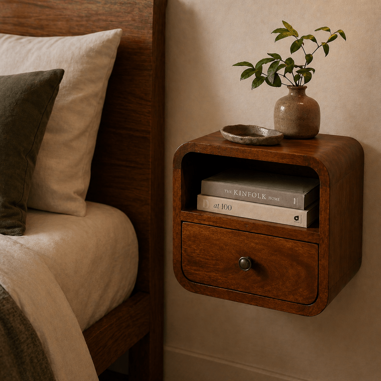 Extra Mini Wall Mounted Curved Chestnut Bedside - Smallhill Furniture Co.