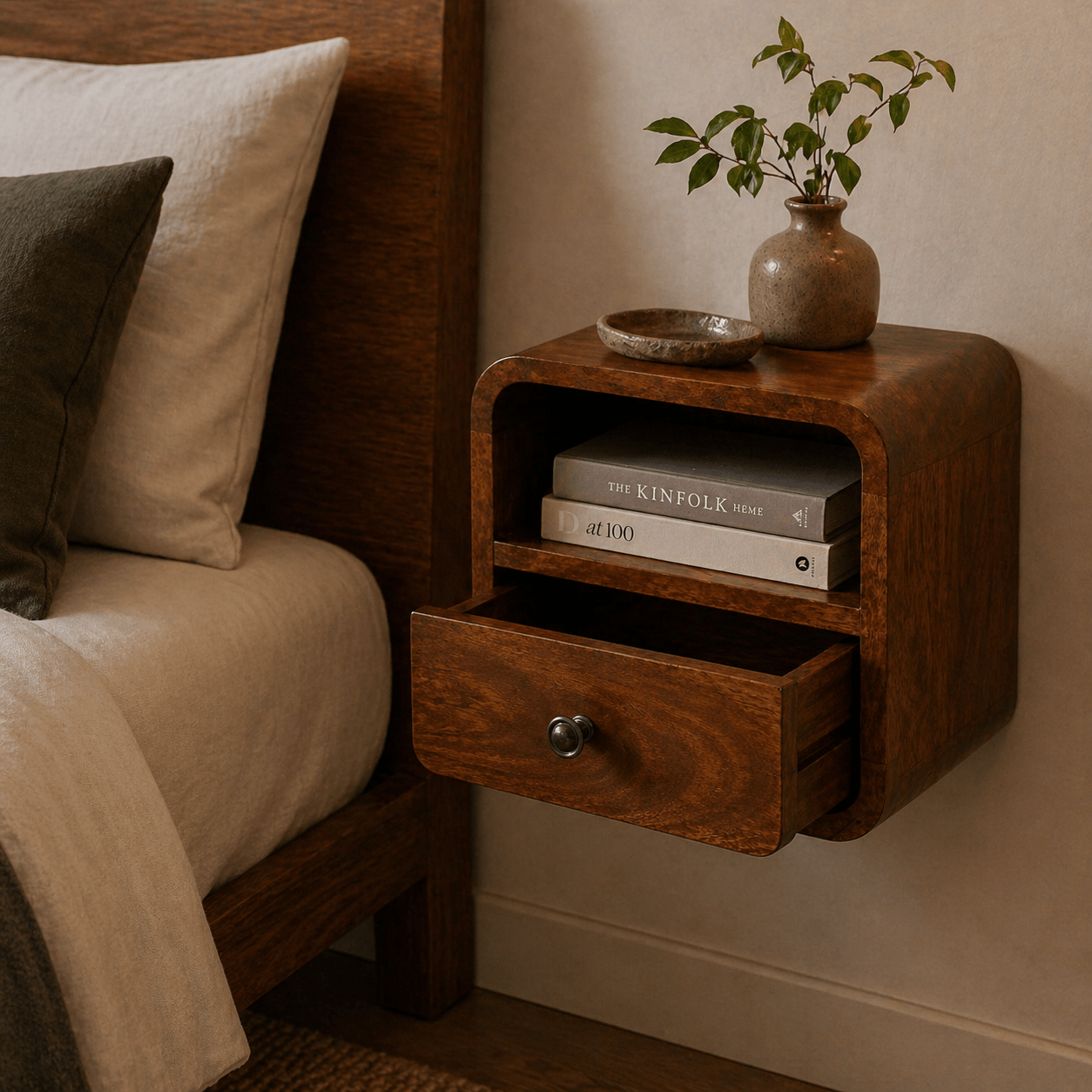 Extra Mini Wall Mounted Curved Chestnut Bedside - Smallhill Furniture Co.