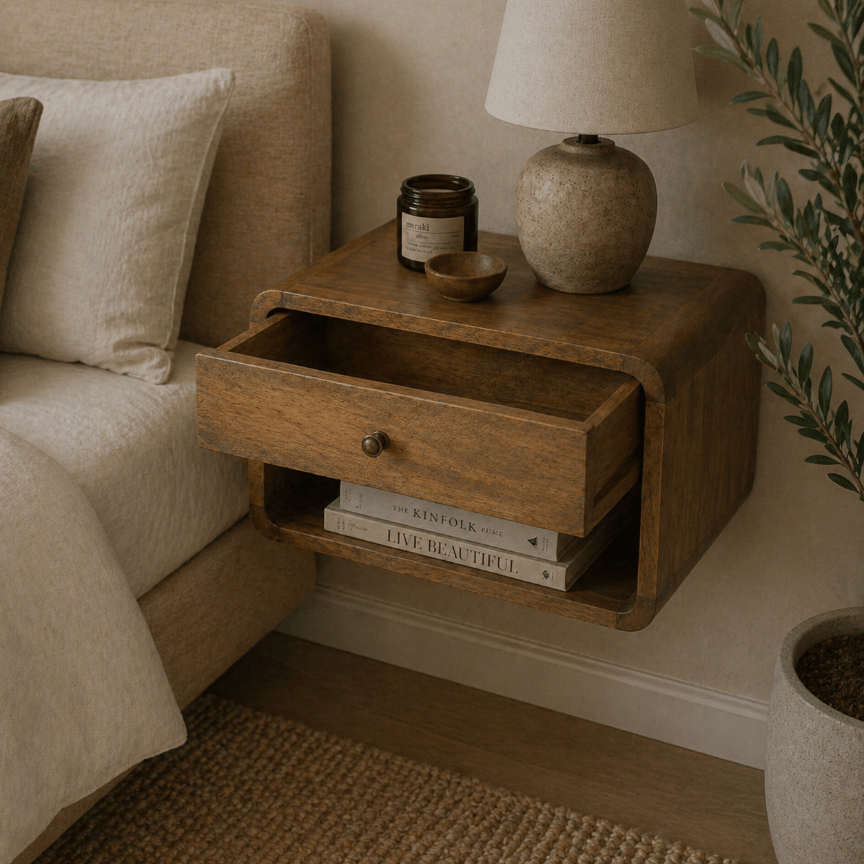 Floating Oak - ish Curve Open Slot Bedside - Smallhill Furniture Co.