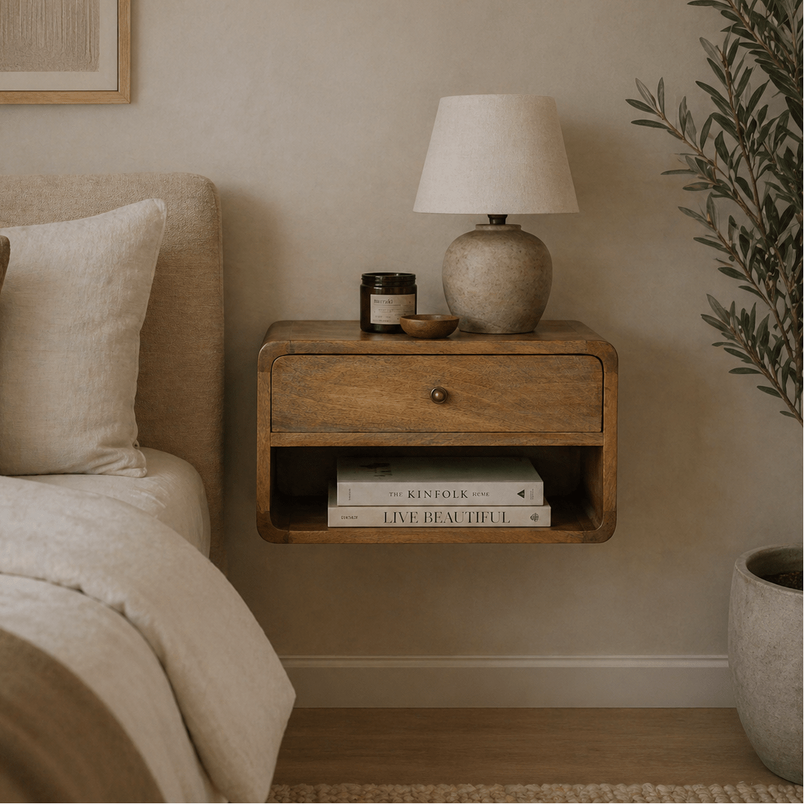 Floating Oak - ish Curve Open Slot Bedside - Smallhill Furniture Co.