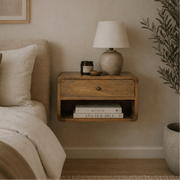 Floating Oak - ish Curve Open Slot Bedside - Smallhill Furniture Co.