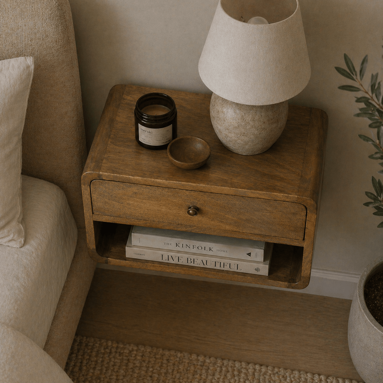 Floating Oak - ish Curve Open Slot Bedside - Smallhill Furniture Co.