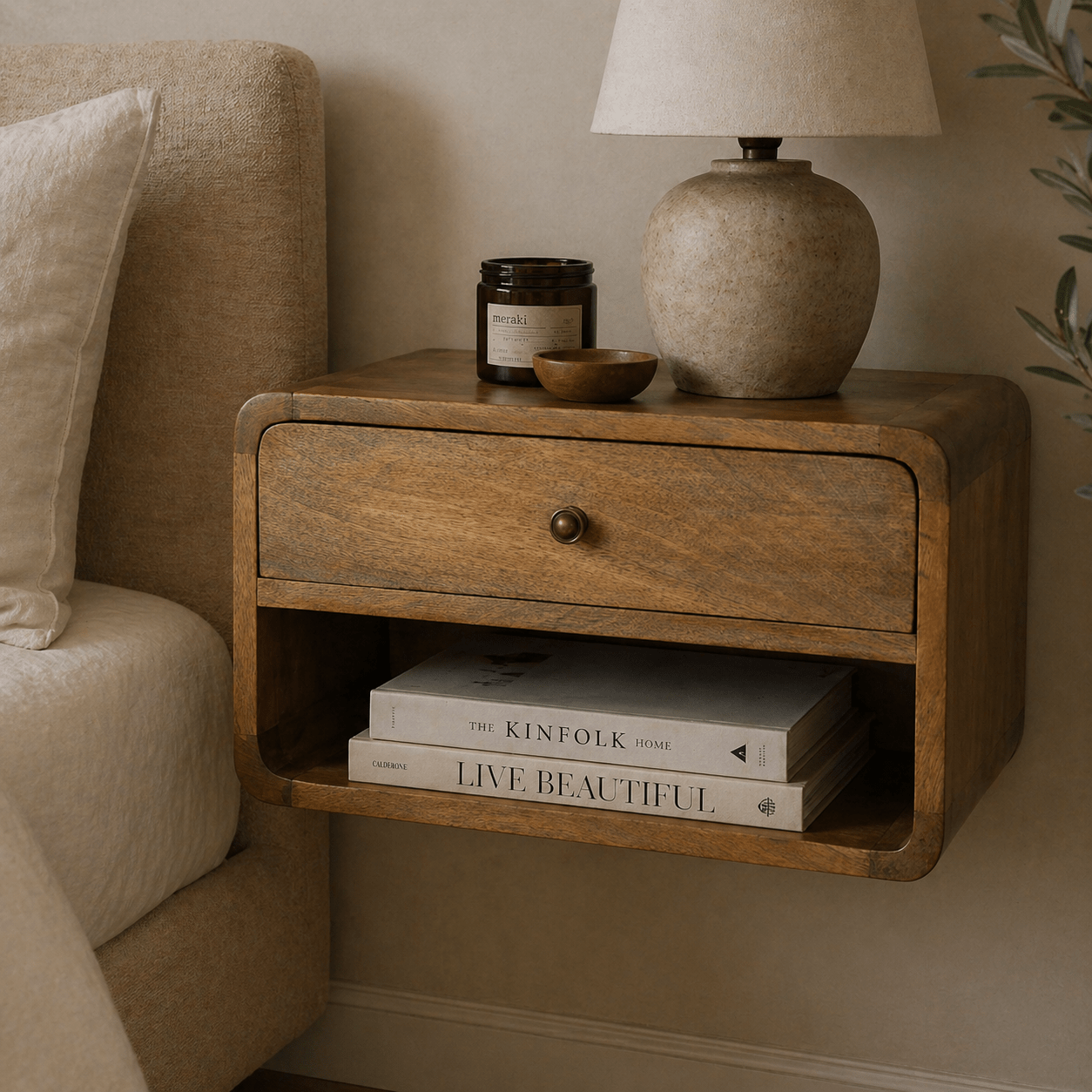 Floating Oak - ish Curve Open Slot Bedside - Smallhill Furniture Co.