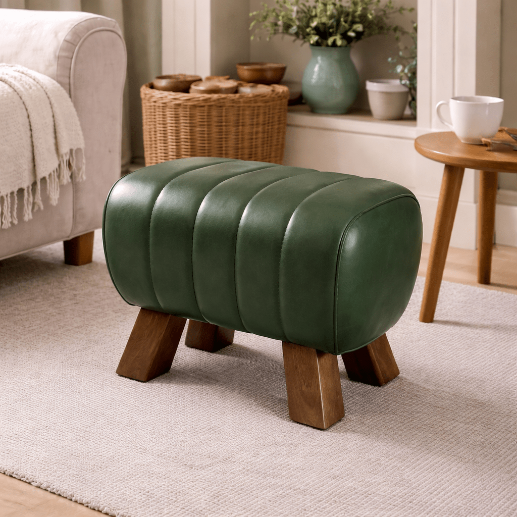 Green Leather Footstool - Smallhill Furniture Co.