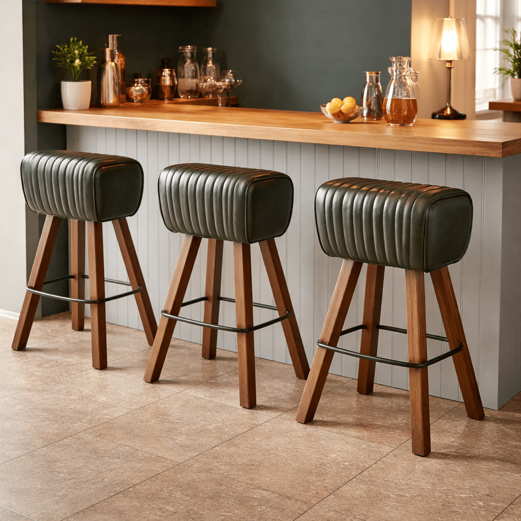 Green Leather Pommel Bar Stool - Smallhill Furniture Co.
