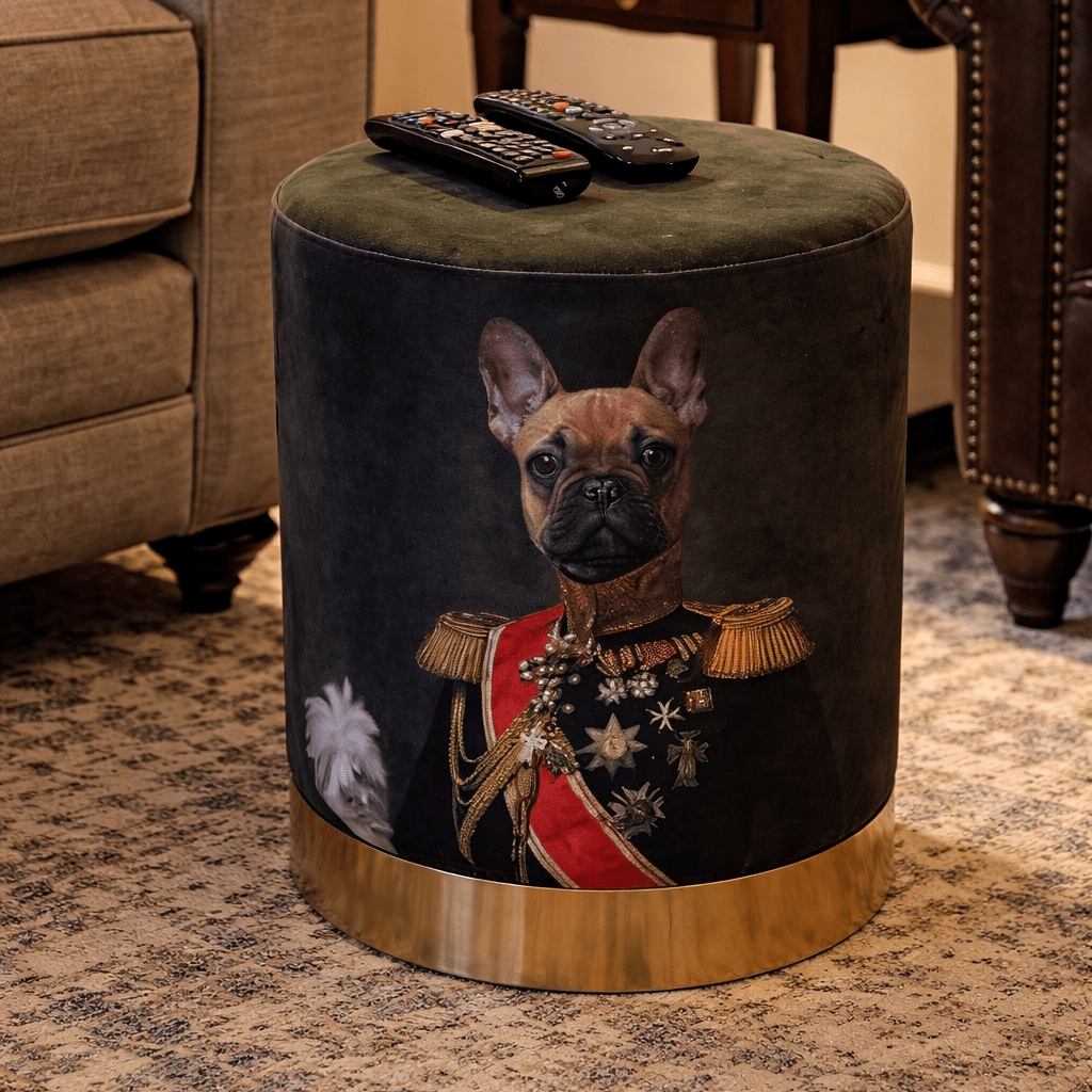 Green Velvet Pommel - French Bulldog wearing Vintage Uniform - Smallhill Furniture Co.
