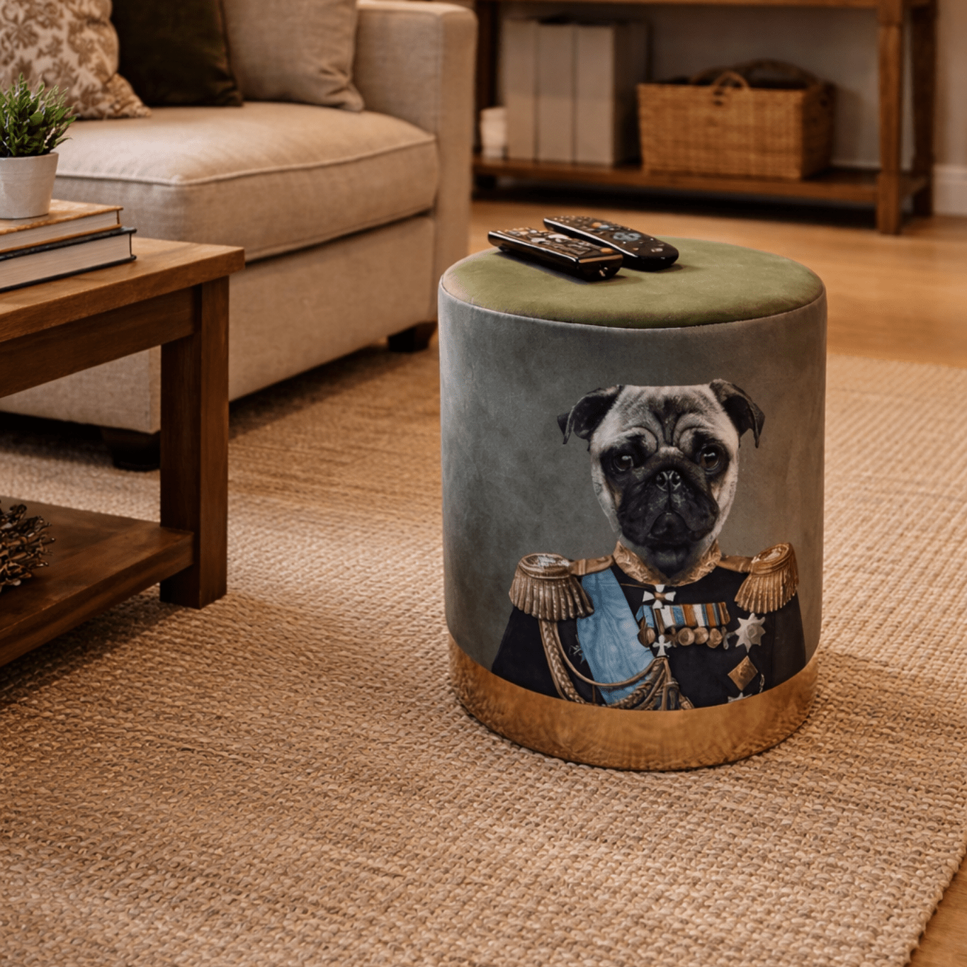 Green Velvet Pommel - Pug Dog wearing Vintage Military Outfit - Smallhill Furniture Co.