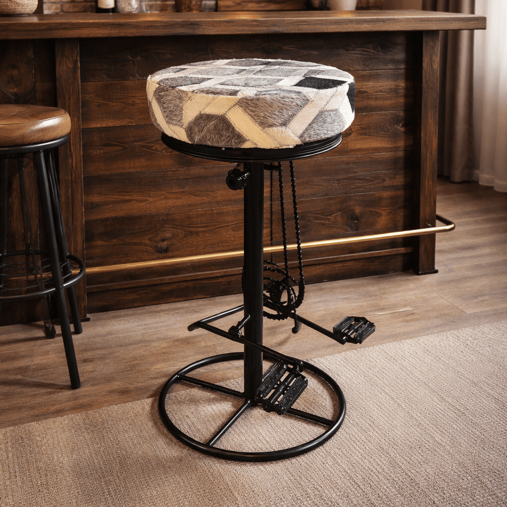 Grey Cowhide Leather Bicycle Bar Stool - Smallhill Furniture Co.