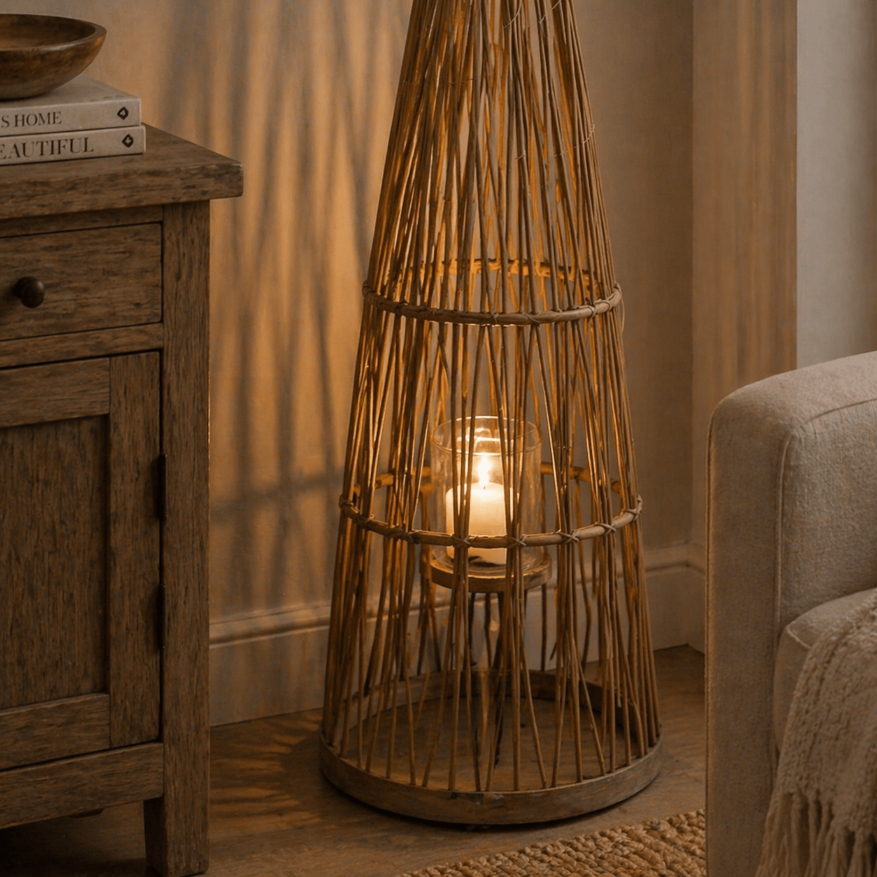 Large Conical Wicker Lantern With Glass Holder & LED Lights - Smallhill Furniture Co.