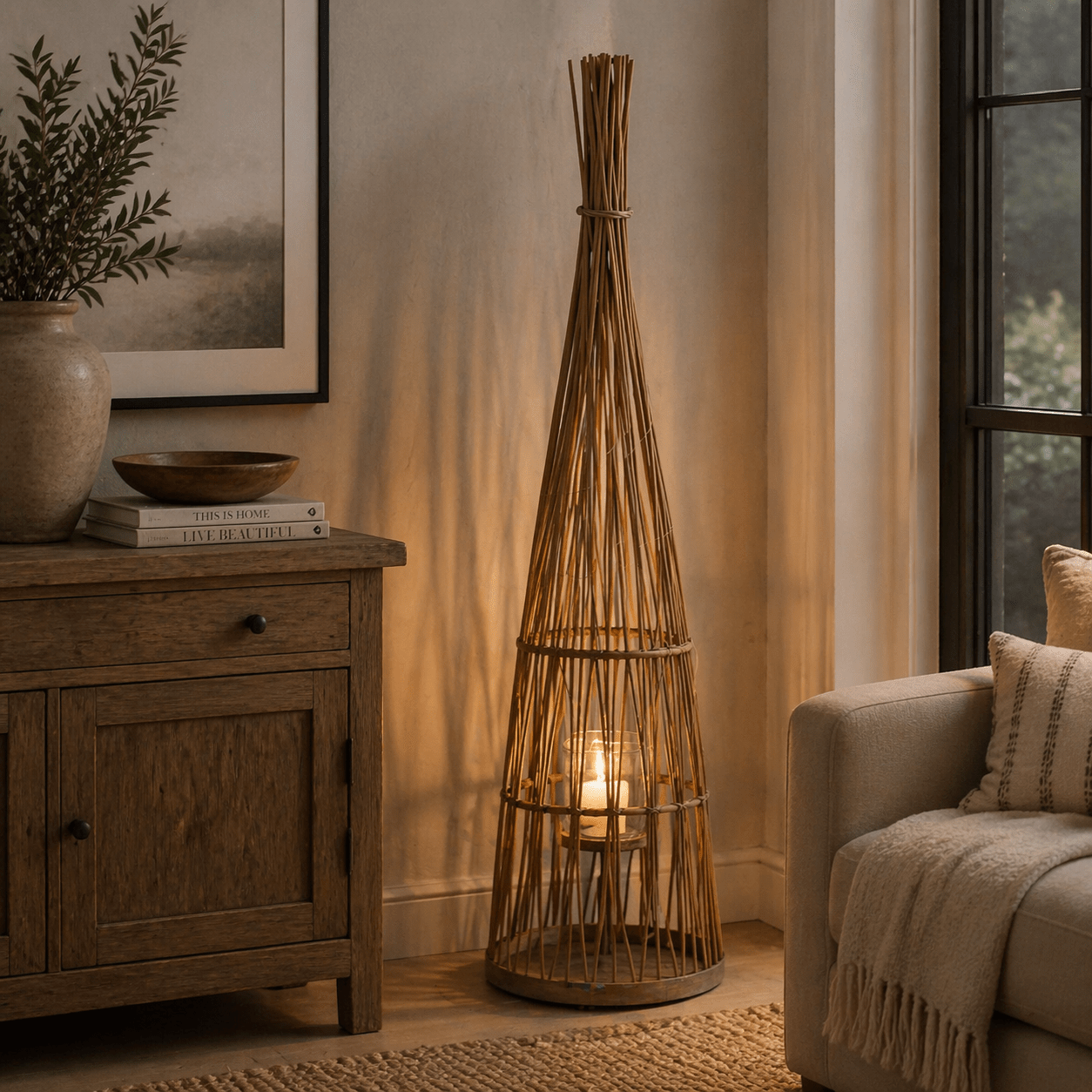 Large Conical Wicker Lantern With Glass Holder & LED Lights - Smallhill Furniture Co.