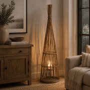 Large Conical Wicker Lantern With Glass Holder & LED Lights - Smallhill Furniture Co.
