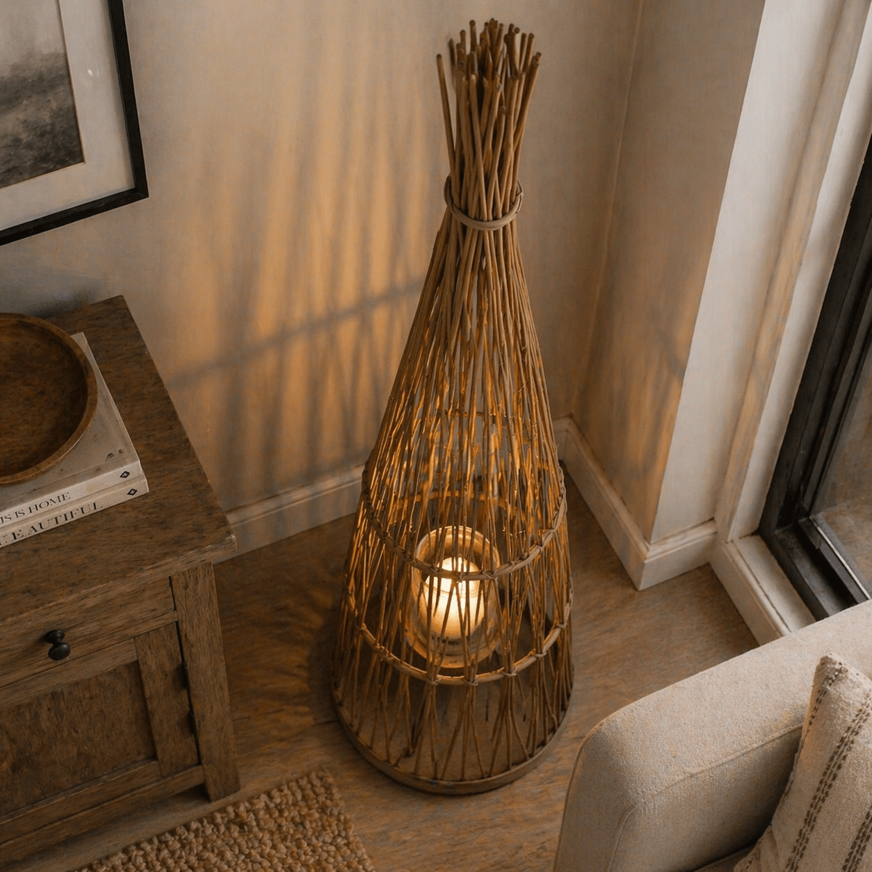 Large Conical Wicker Lantern With Glass Holder & LED Lights - Smallhill Furniture Co.