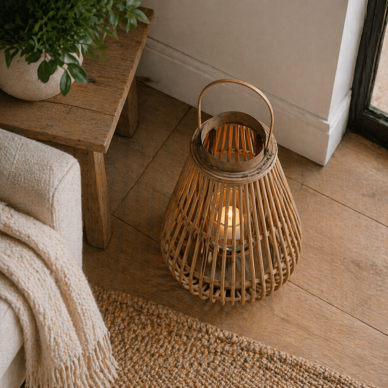 Large Peardrop Wicker Lantern With Glass Holder - Smallhill Furniture Co.