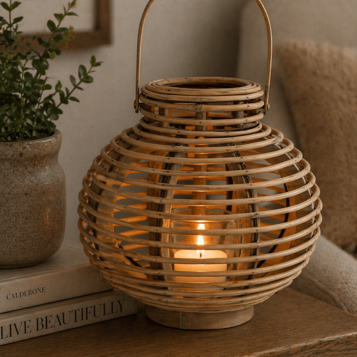 Large Round Willow Lantern With Glass Holder - Smallhill Furniture Co.