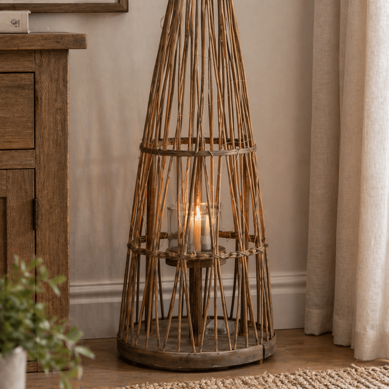 Medium Conical Wicker Lantern With Glass Holder & LED Lights - Smallhill Furniture Co.