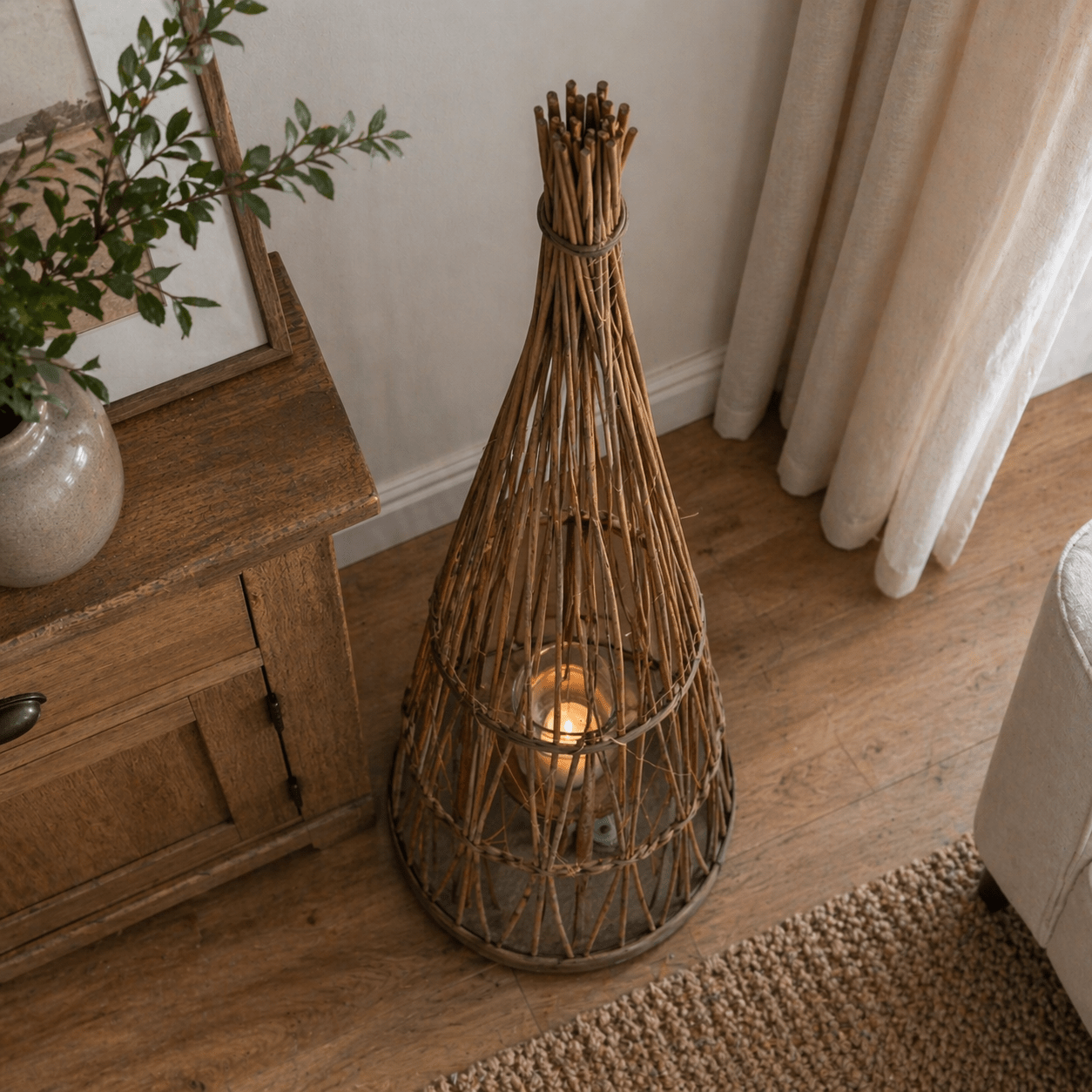 Medium Conical Wicker Lantern With Glass Holder & LED Lights - Smallhill Furniture Co.