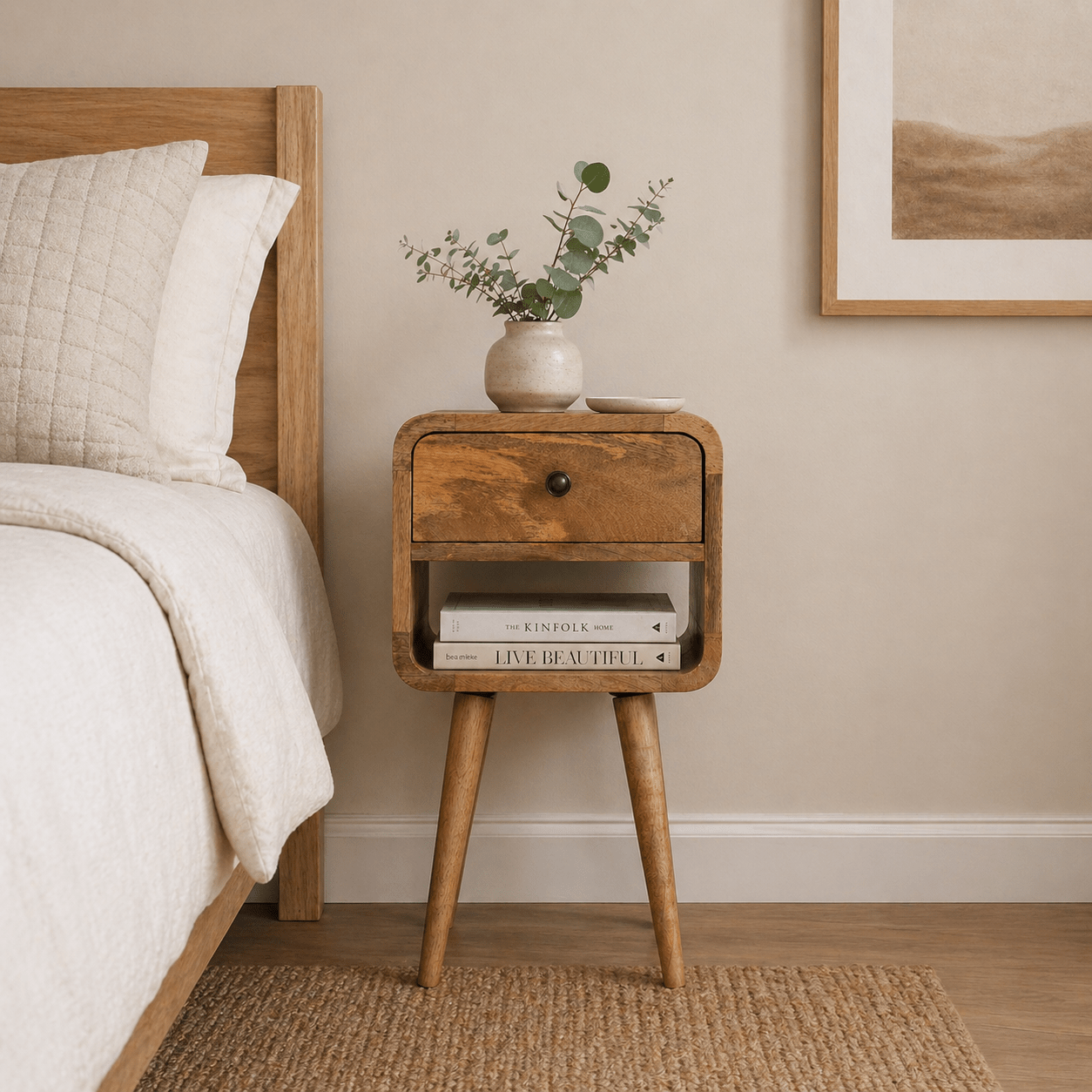 Mini Oak - ish Curve Lower Bedside - Smallhill Furniture Co.