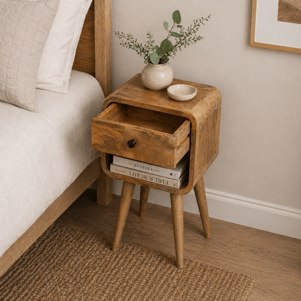 Mini Oak - ish Curve Lower Bedside - Smallhill Furniture Co.