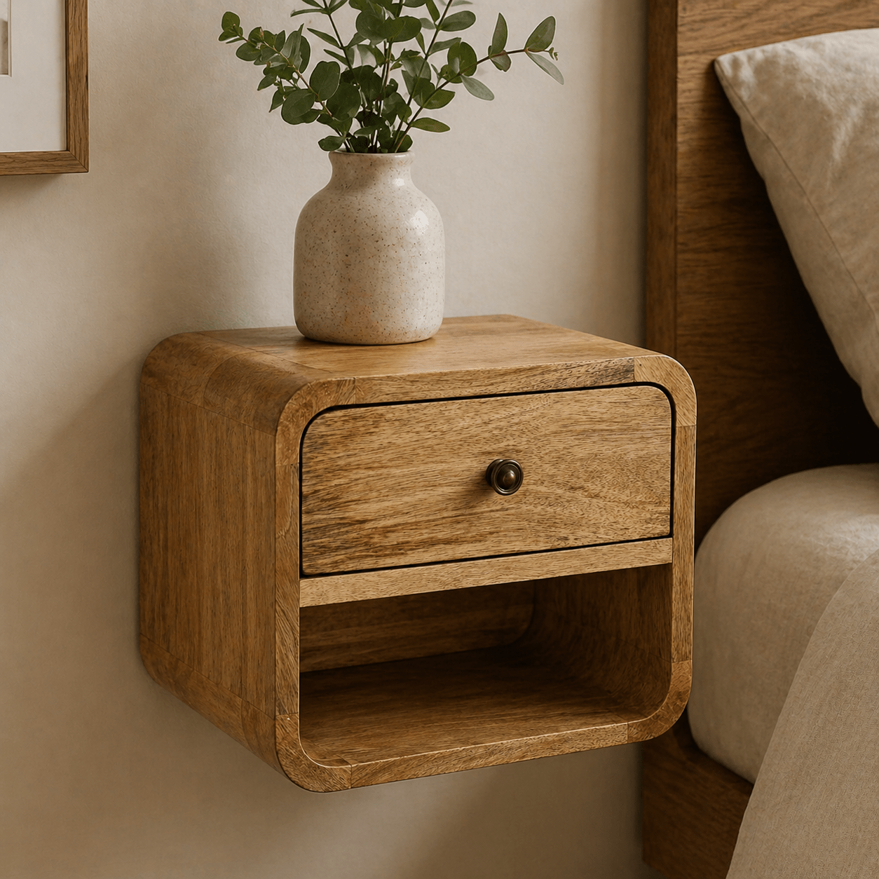 Mini Oak - ish Floating Open Bedside - Smallhill Furniture Co.