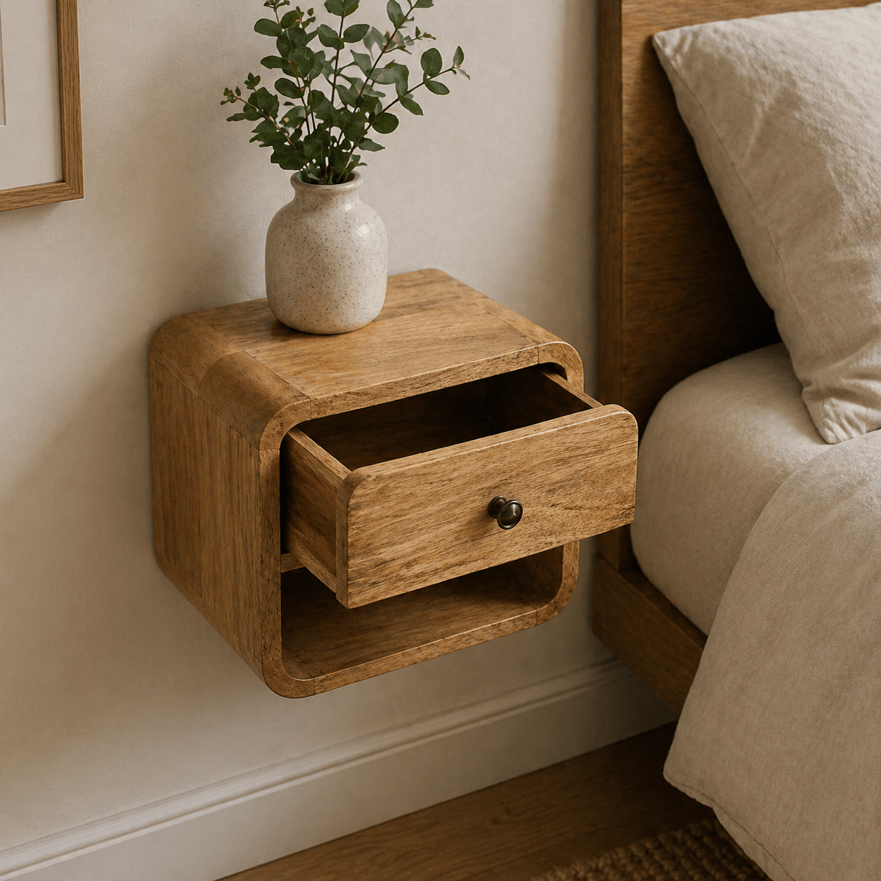 Mini Oak - ish Floating Open Bedside - Smallhill Furniture Co.