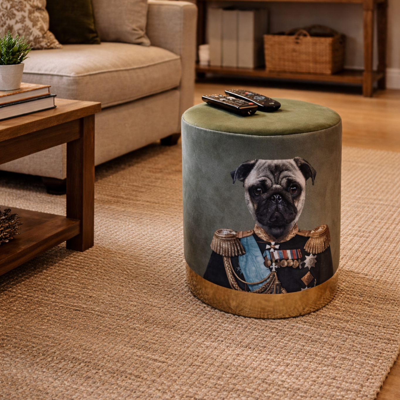 Green Velvet Pommel - Pug Dog wearing Vintage Military Outfit