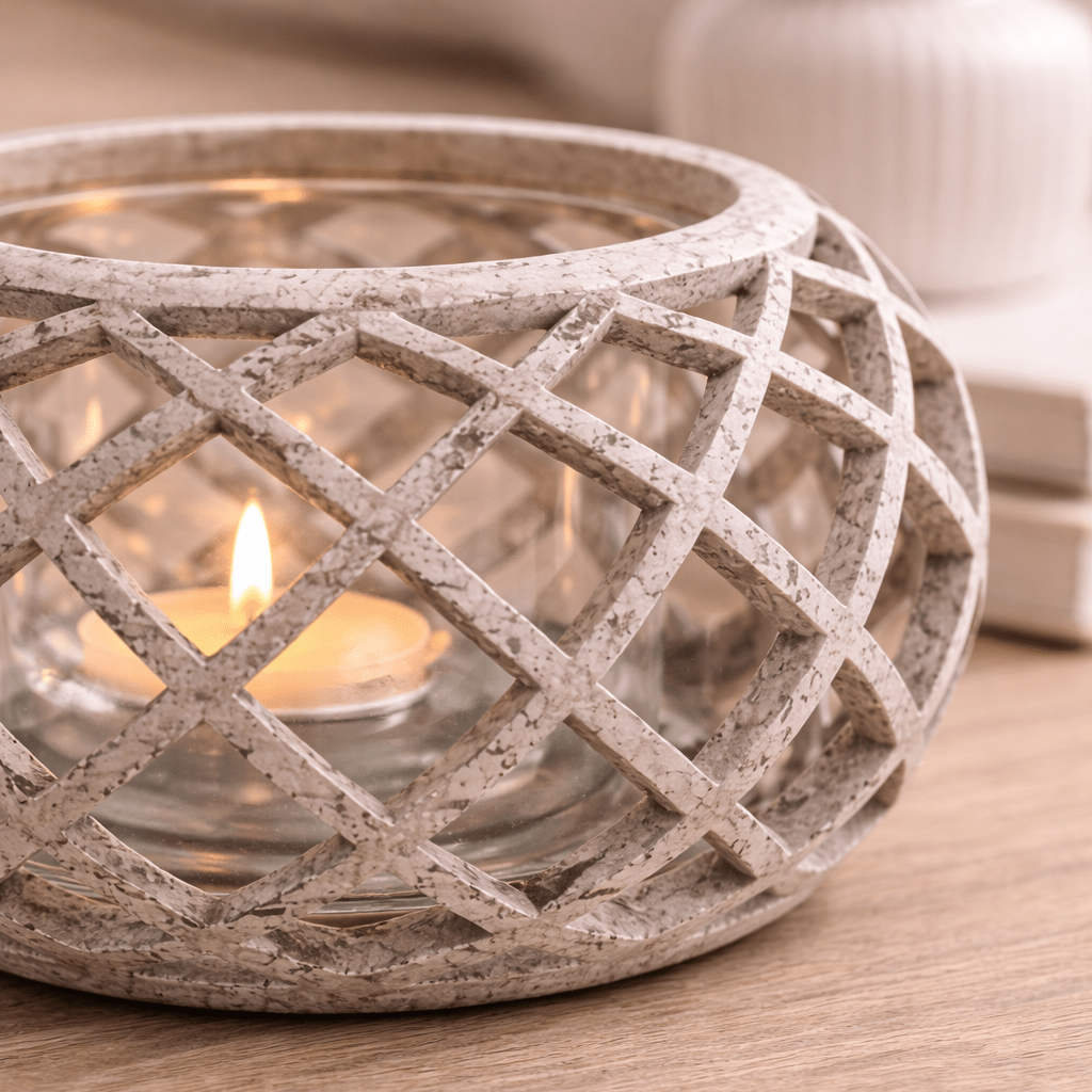 Round Ceramic Lattice Hurricane Lantern - Smallhill Furniture Co.