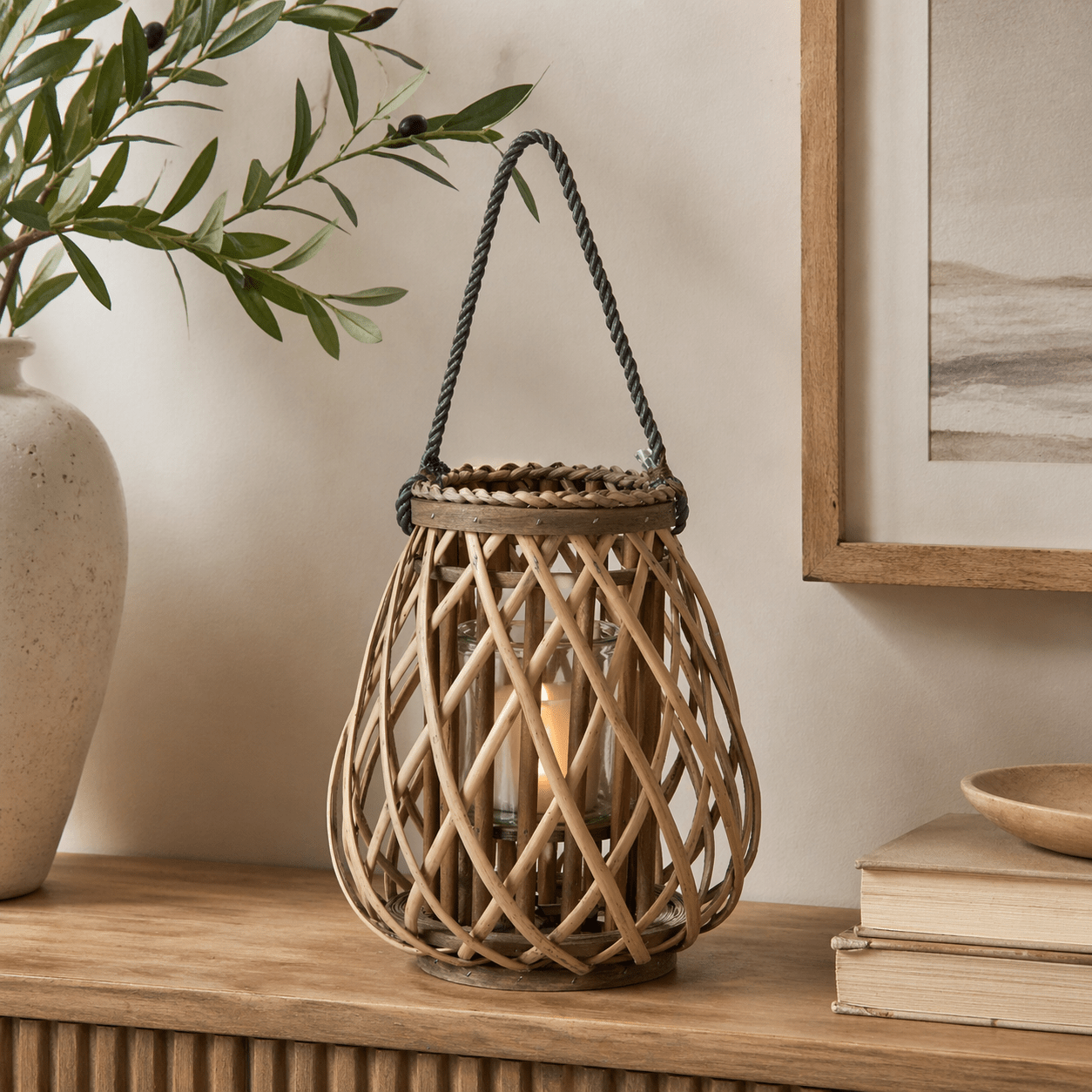 Small Wicker Bulbous Lantern - Smallhill Furniture Co.