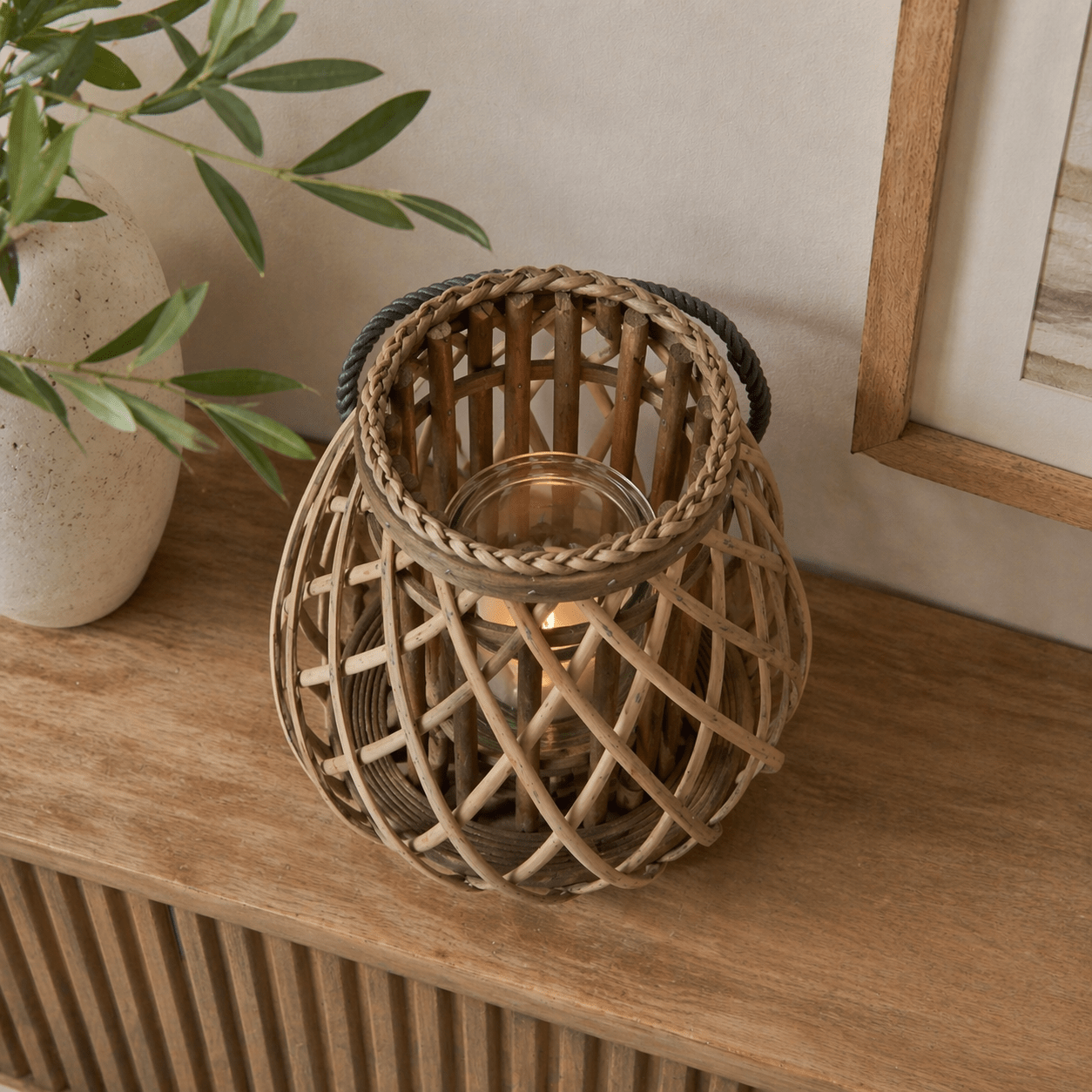 Small Wicker Bulbous Lantern - Smallhill Furniture Co.