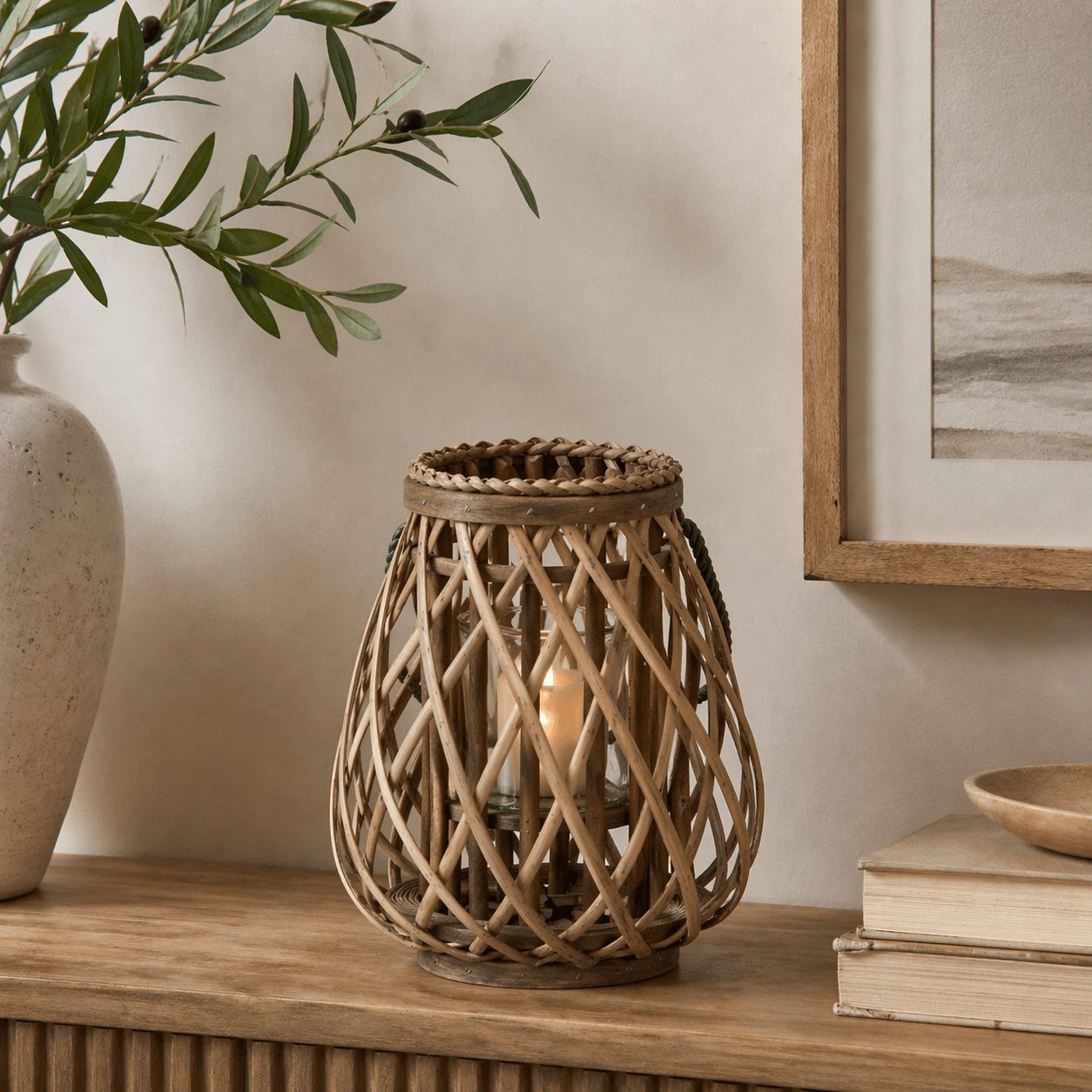 Small Wicker Bulbous Lantern - Smallhill Furniture Co.
