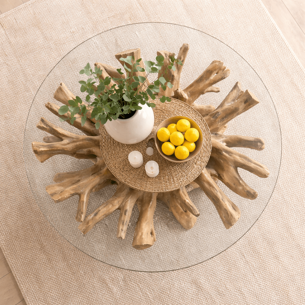 Teak Root Dining Table With Glass Top - Smallhill Furniture Co.