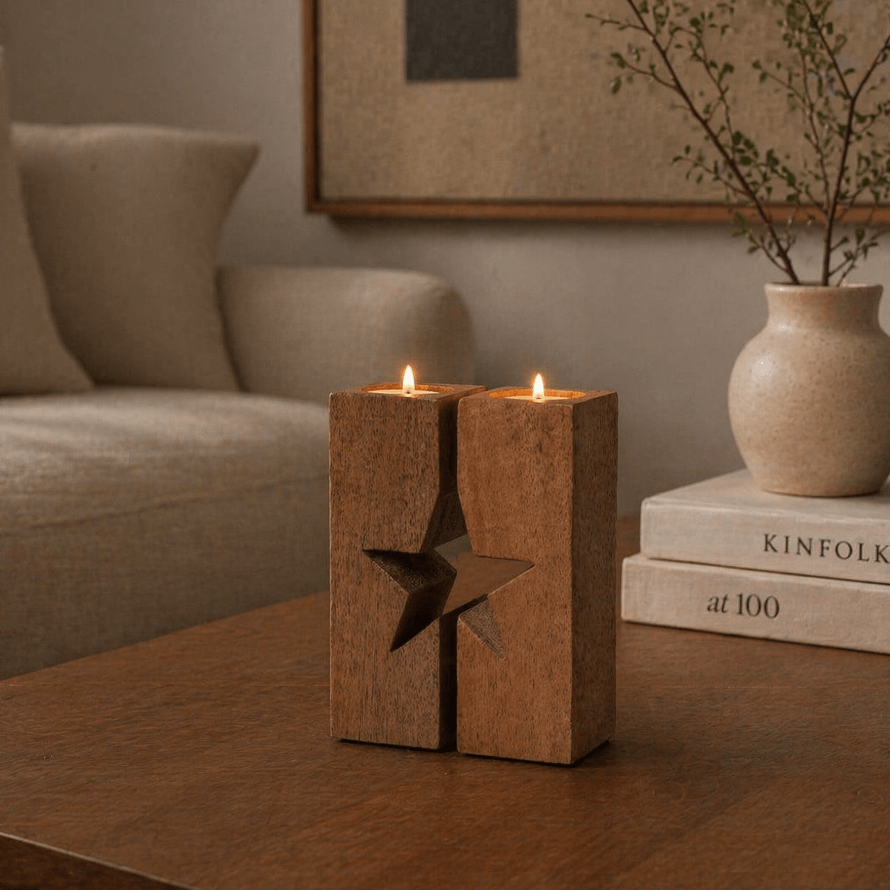 Twin Wooden T - Light Holder - Star Cut Out - Smallhill Furniture Co.