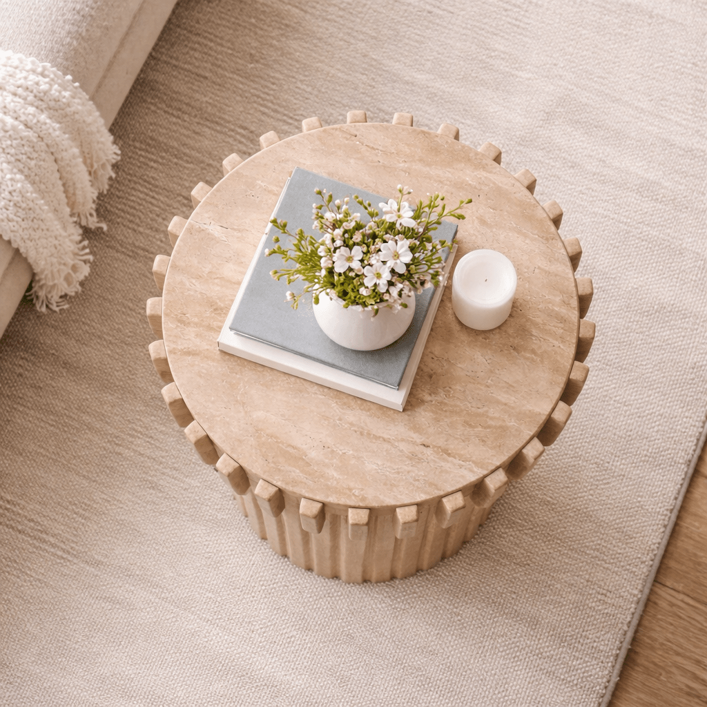 Wooden Striped Side Table With Marble Top - Smallhill Furniture Co.